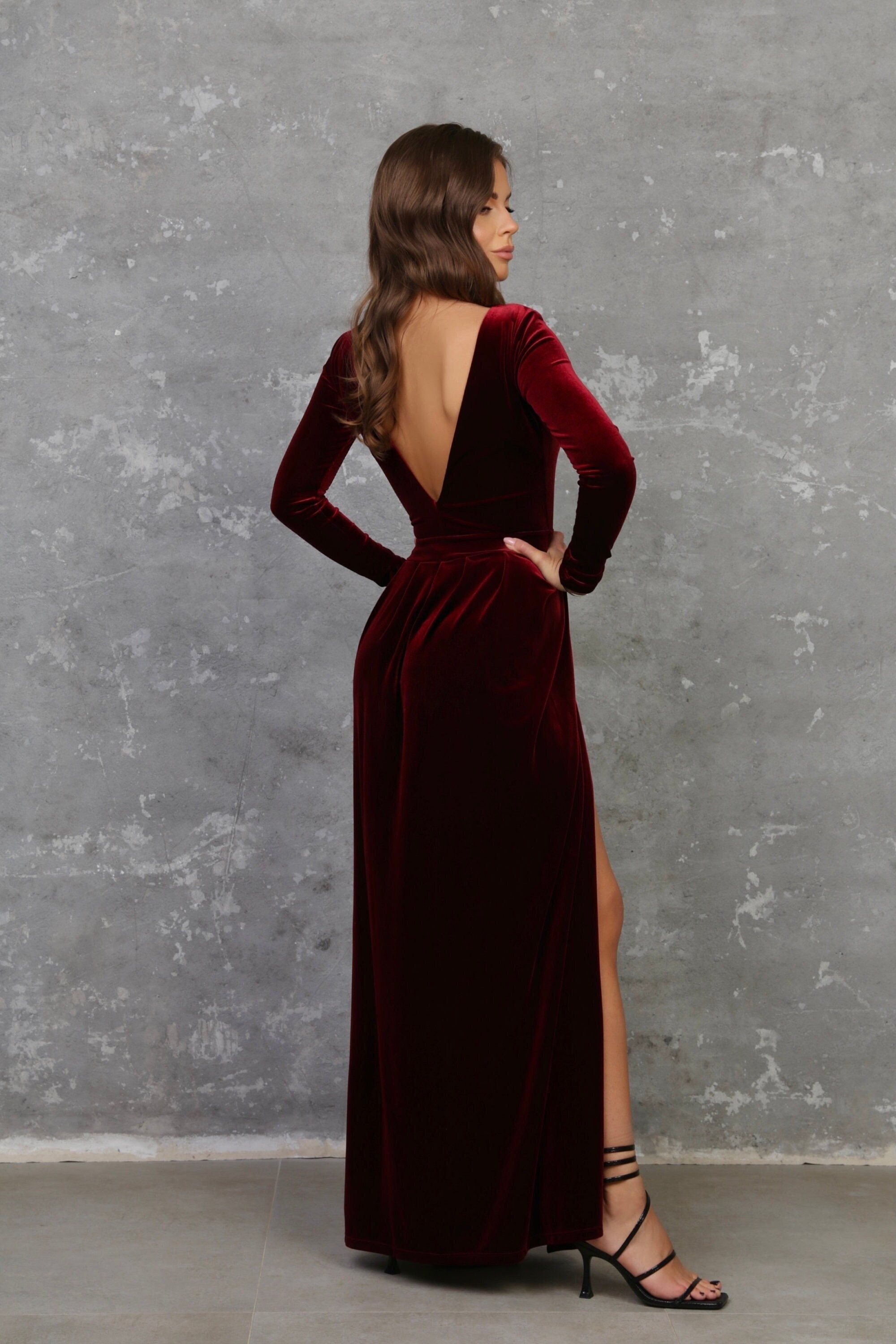 Burgundy Velvet Elegant Dress, Backless Long Sleeve Wedding Guest Gown