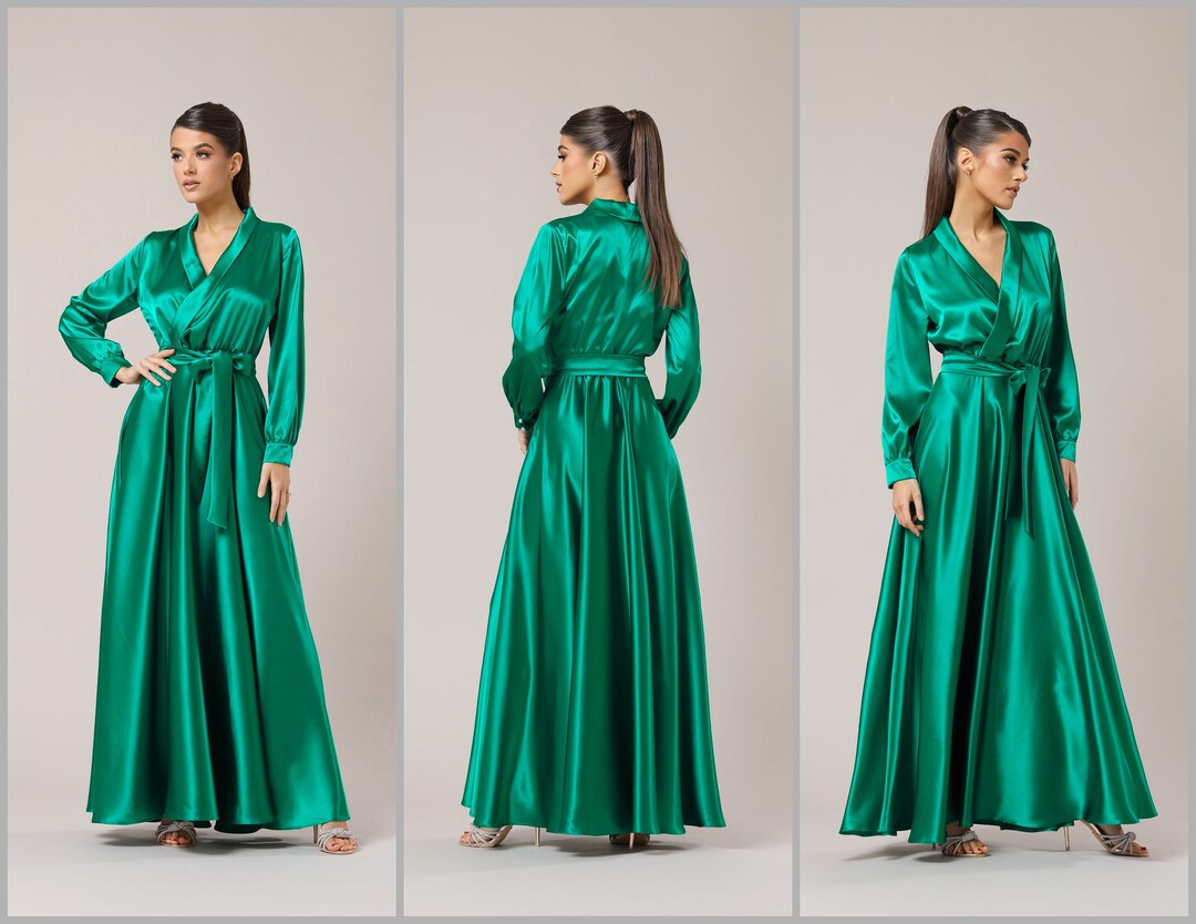 Smoke Green Cotton A-Line Sheath Midi Wrap Dress