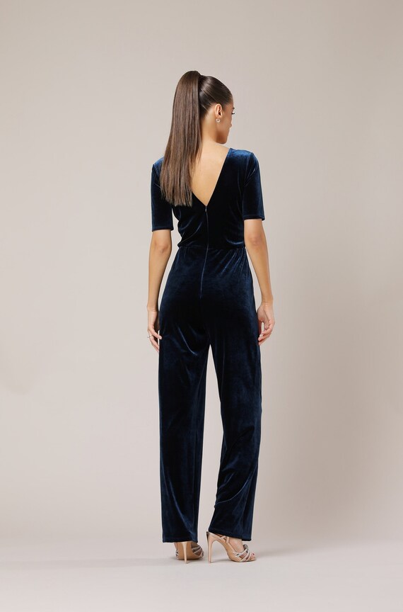 Teal Blue Velvet Jumpsuit, Elegant Wide Leg Cocktail Overalls