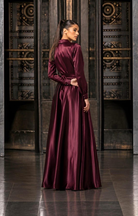 bishop sleeve formal dress Burgundy Satin Long Dress, Wrap V-neck Dress, Sleeve Evening Gown, Elegant Bridesmaid elegant cocktail dresses with sleeves