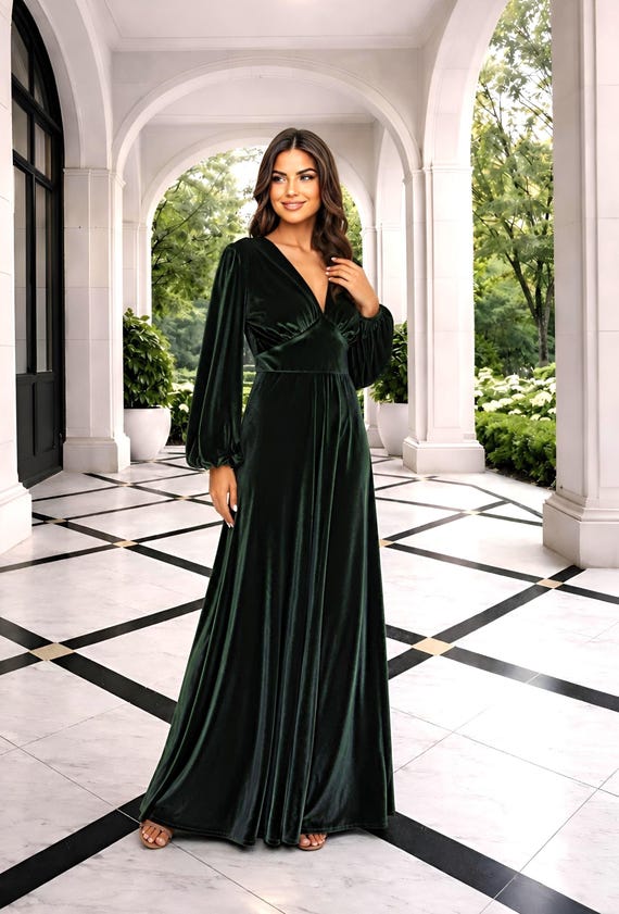 balloon sleeve a line dress Green Velvet Long Dress, Elegant Gown, Wedding Guest Dress, A- V Neck Formal Maxi prom balloon gown