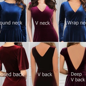 Six different velvet dresses with various necklines and back styles. The dresses are in navy blue and burgundy. The necklines include round, V-neck, and wrap neck. The back styles include closed back, V-back, and deep V-back.