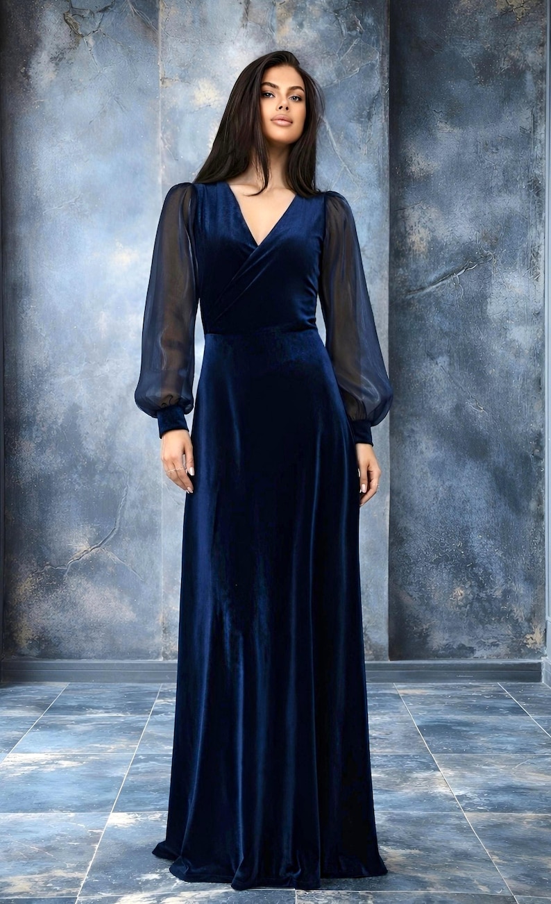 Samt Brautkleid, lange schiere Ärmel Burgunder Kleid, V-Ausschnitt formelle Samt Maxi Kleid, elegantes Abendkleid Bild 4