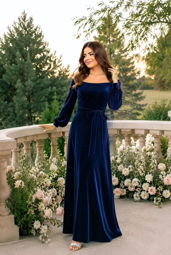 Velvet Navy Blue Dress Off the Shoulder Wedding Guest Dress Long Sleeve Dress with Slit, Velvet Maxi Dress Elegant Women Evening Dress