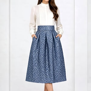 Jupe taille haute en jacquard bleu, jupe plissée avec poches, jupe de cocktail élégante, jupe formelle pour femme à plis creux