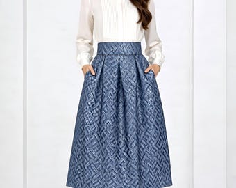 Blue Jacquard Box Pleated Skirt, High Waisted Midi Skirt, Brocade Skirt Women, Elegant Skirt with Pockets, Custom Made Skirt