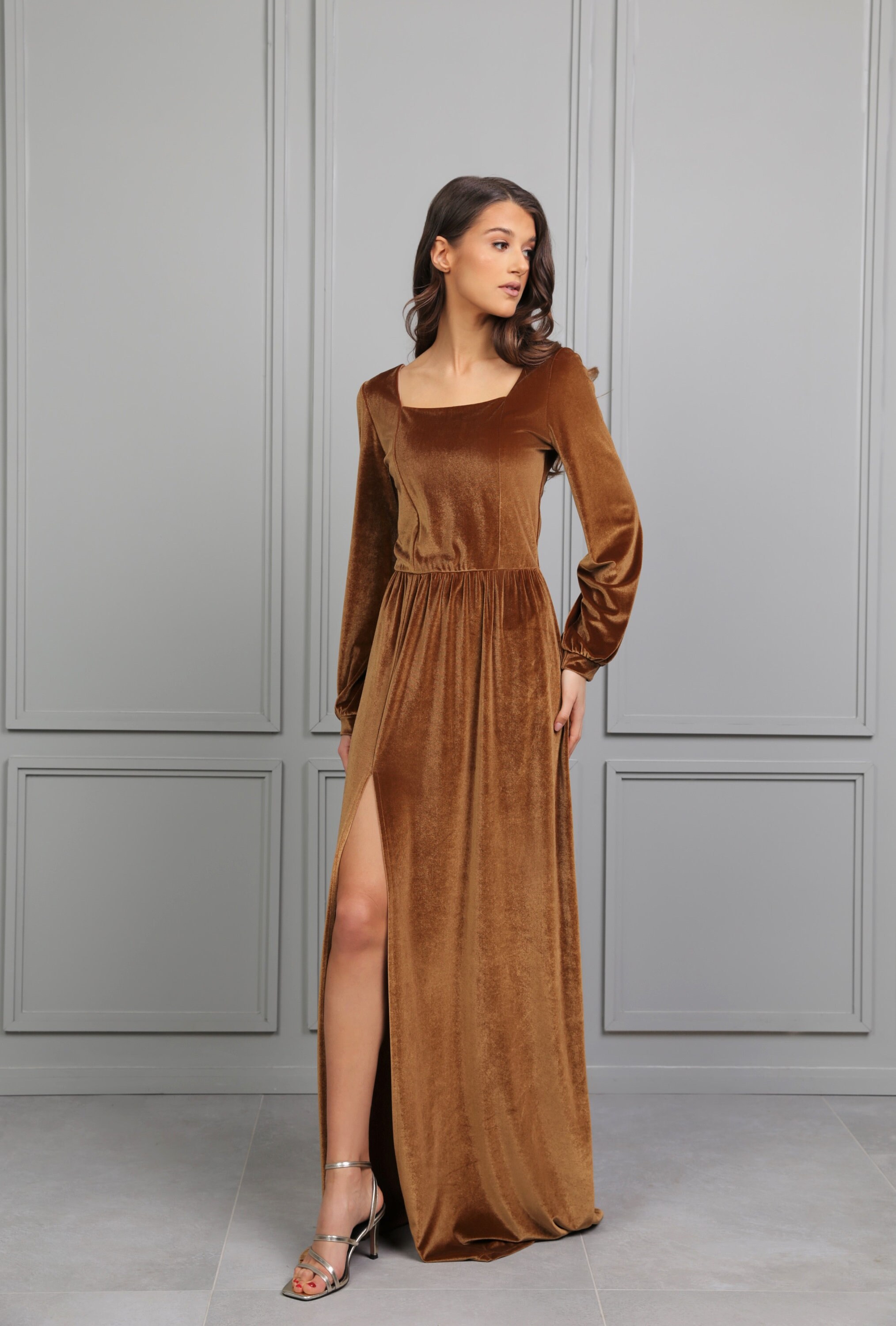 Light Brown Velvet Maxi Dress/ Square Neckline Long Cuff Etsy