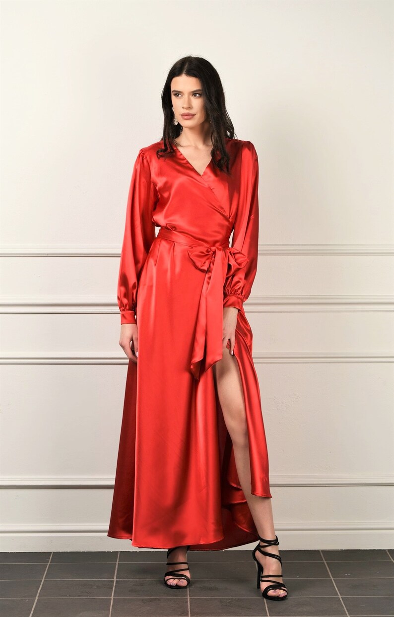 Red Satin Maxi Dress/ Wrap Robe Dress Cuff Long Sleeves Sash Etsy