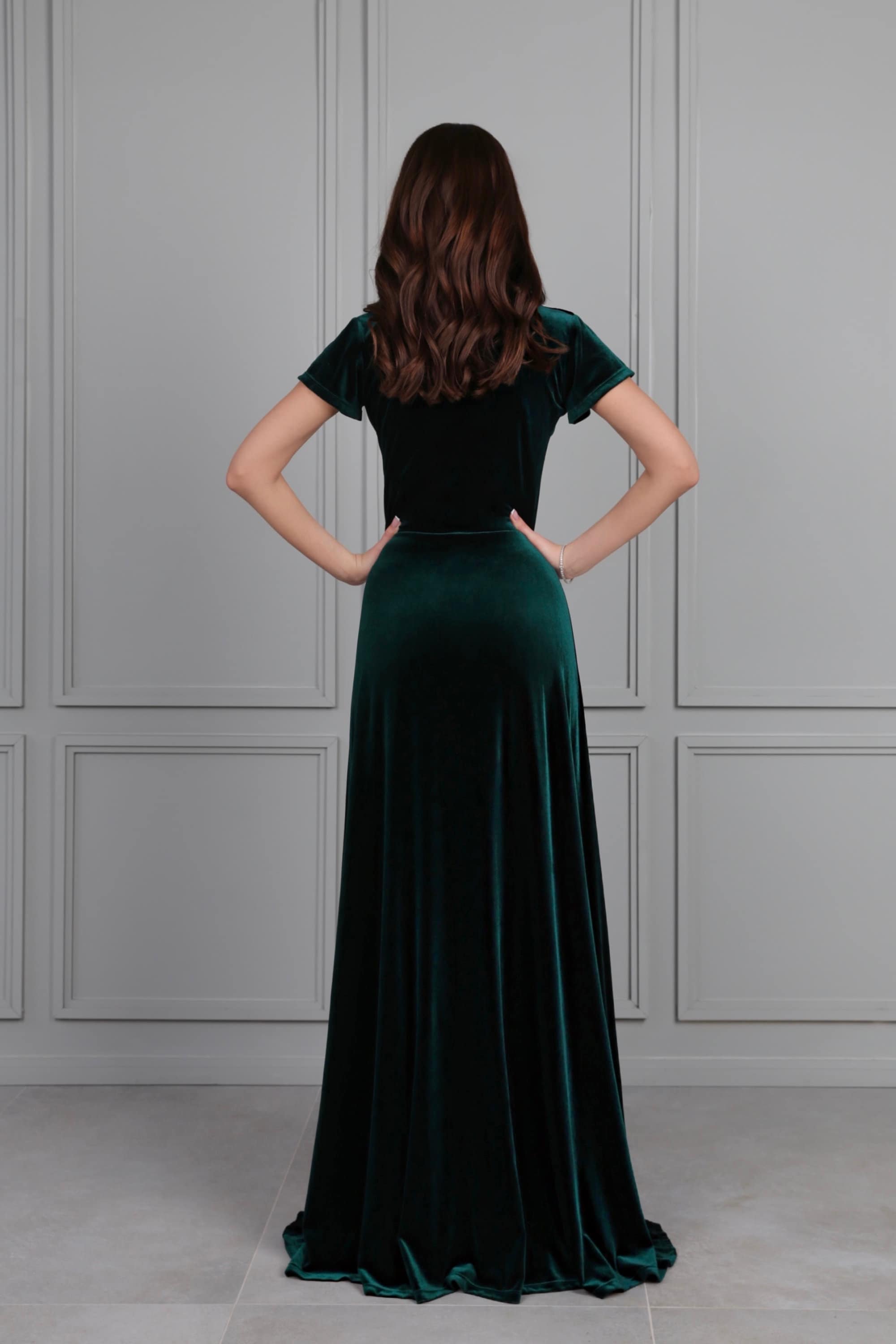 Dark Green Bridesmaid Velvet Maxi Dress Wrap V Neck Closed Etsy UK