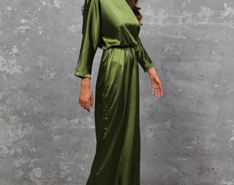 Olive Green Satin Maxi Dress Elegant Long Dolman Sleeve Formal Dress Cocktail Party Satin Dress