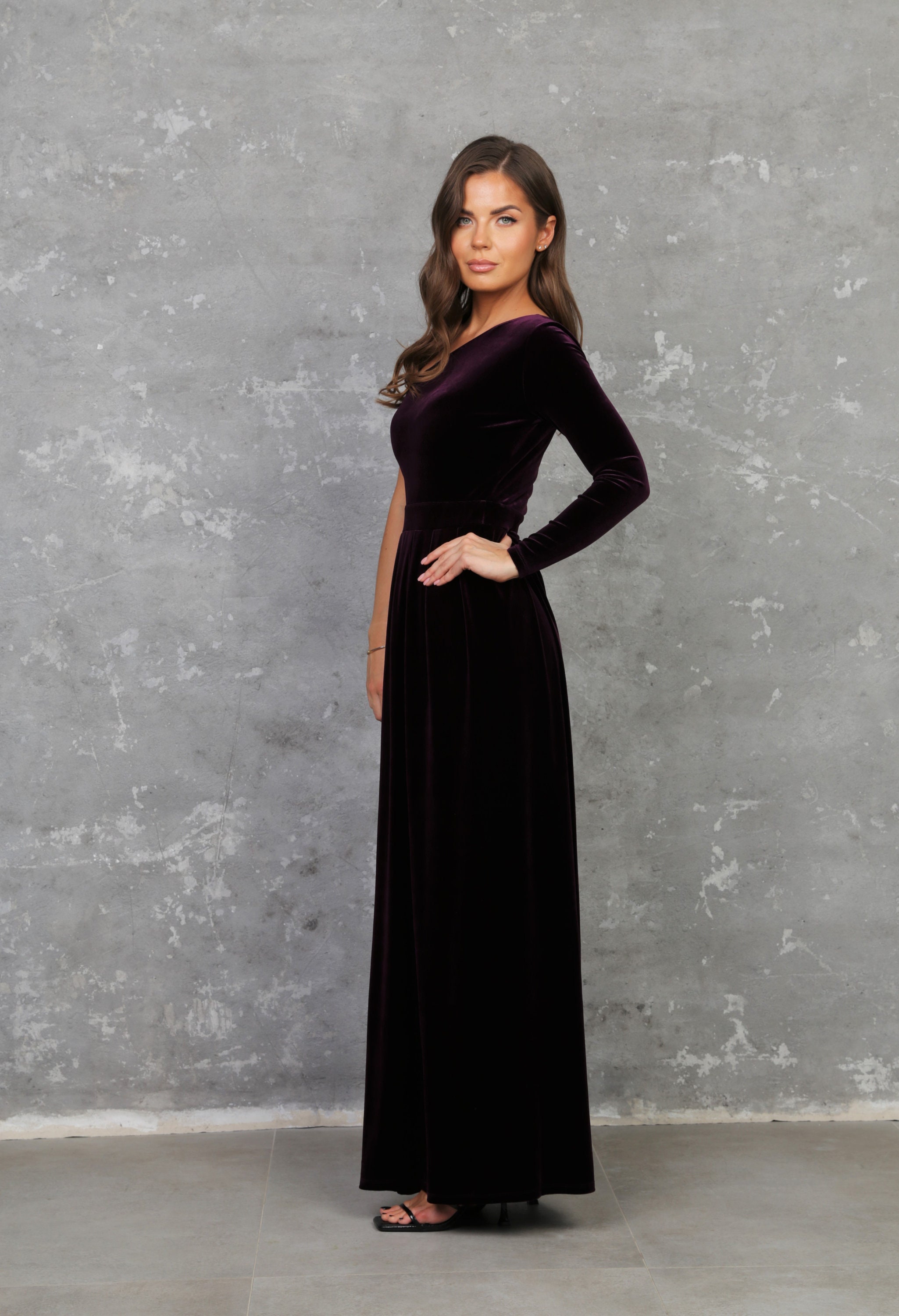 velvet one shoulder dress long sleeve Hunter Green Velvet One Shoulder Long Sleeves Column High Slit Formal Dresses, CP0831
