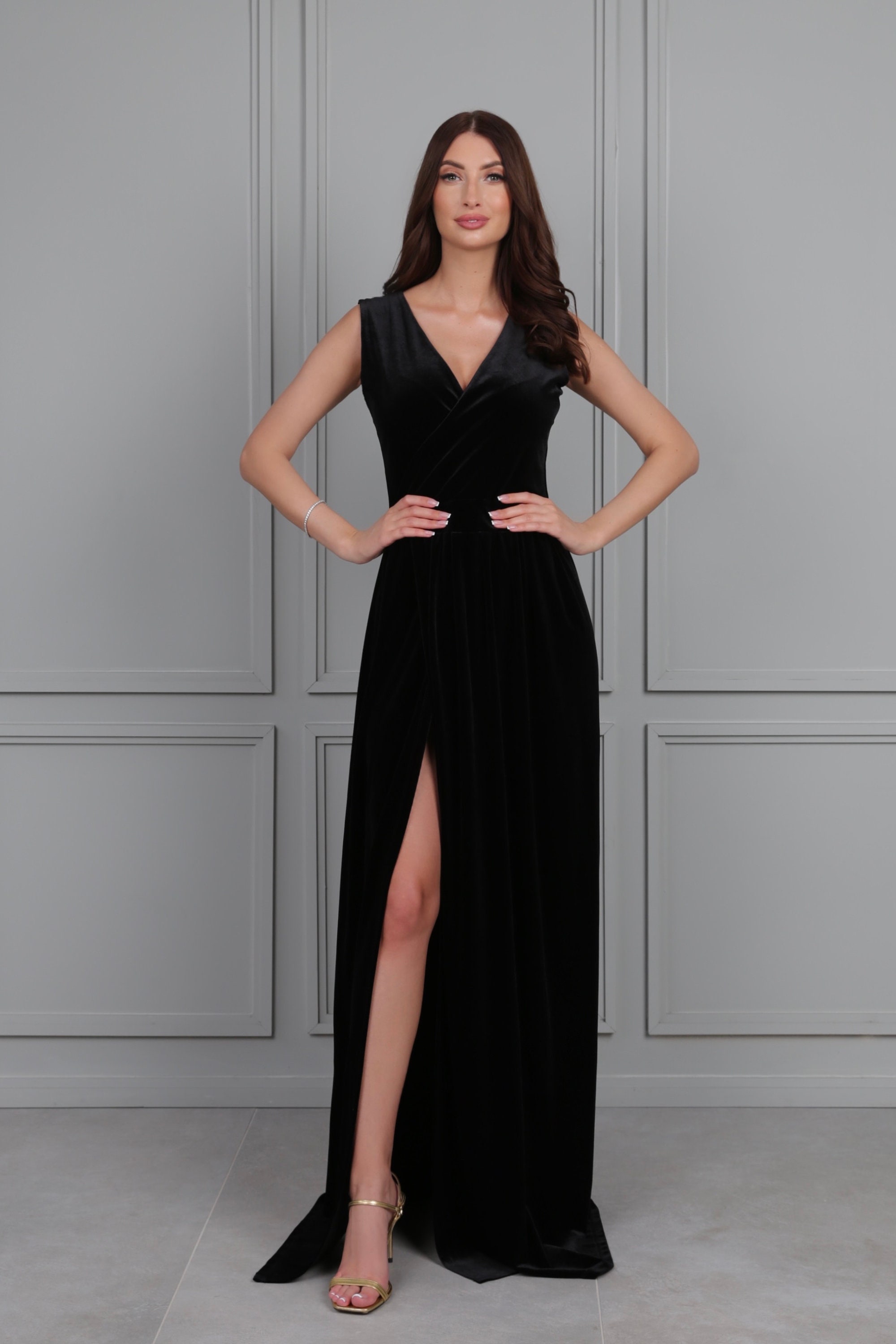 Black Velvet Maxi Dress, Sleeveless Slit Formal Maid of Honor Gown