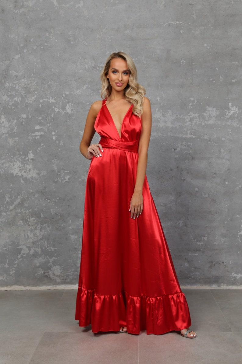 Satin red dress, bridesmaid satin dress, infinity dress, satin long dress, a line party dress, silky dress, lady in red, ruffled dress, summer wedding dress, convertible dress, maternity dress, cocktail dress, elegant long gown, women satin dress