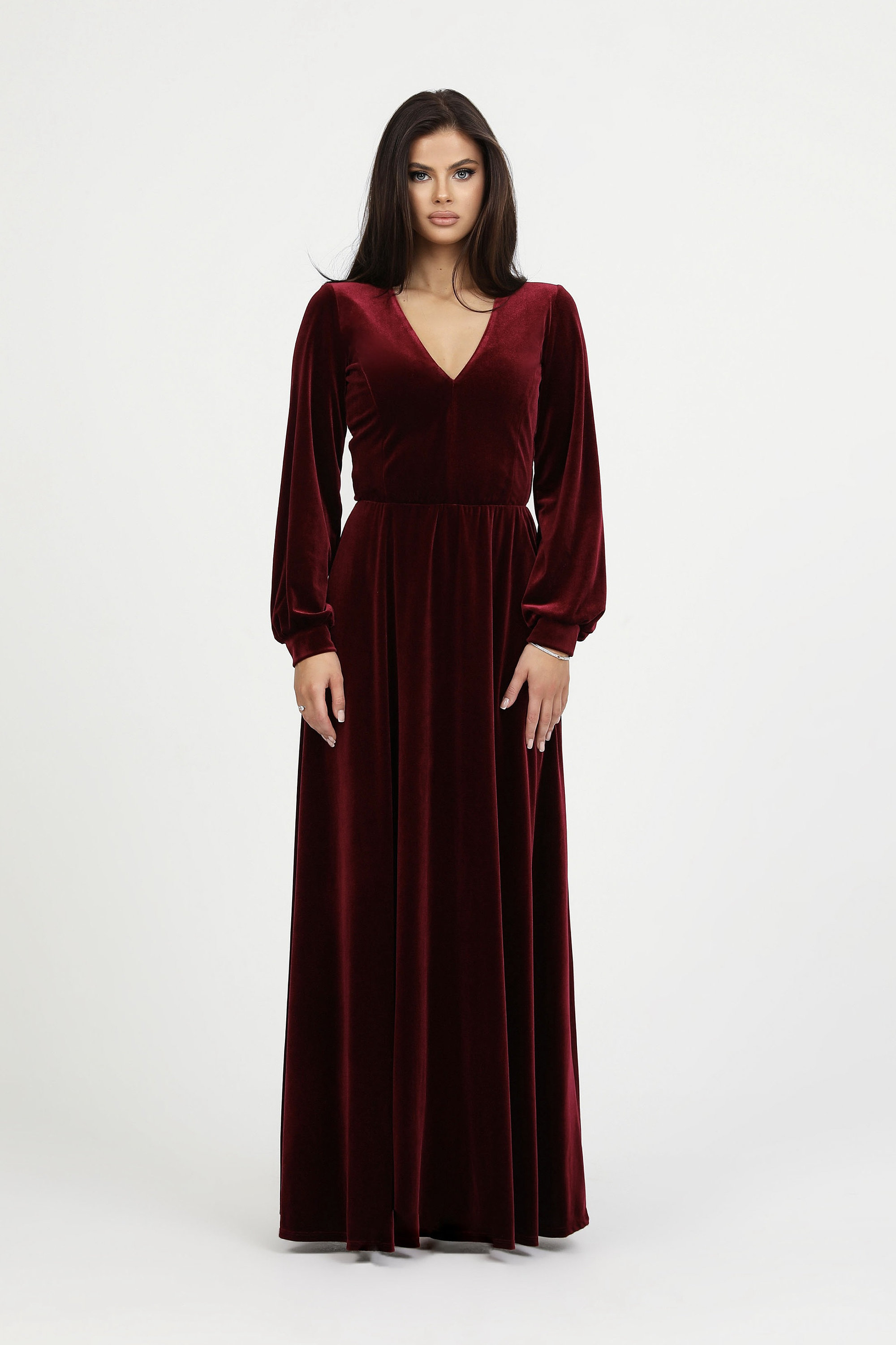 orange velvet dress long sleeve Elegant V-neck Long Sleeves Long A-line Velvet Bridesmaid Dresses Online
