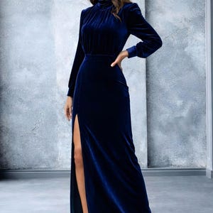 Velvet Blue Dress with bishop Sleeves, Slit, mock neck dress