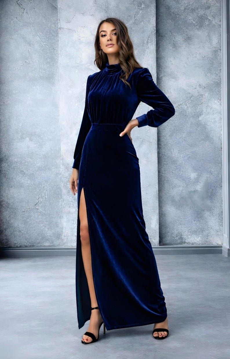Velvet Blue Dress with bishop Sleeves, Slit, mock neck dress