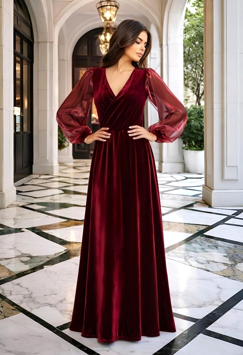 velvet wedding dress, long organza sleeve maxi dress in burgundy, v neck a line dress, women elegant dress, sheer bishop sleeve dress.