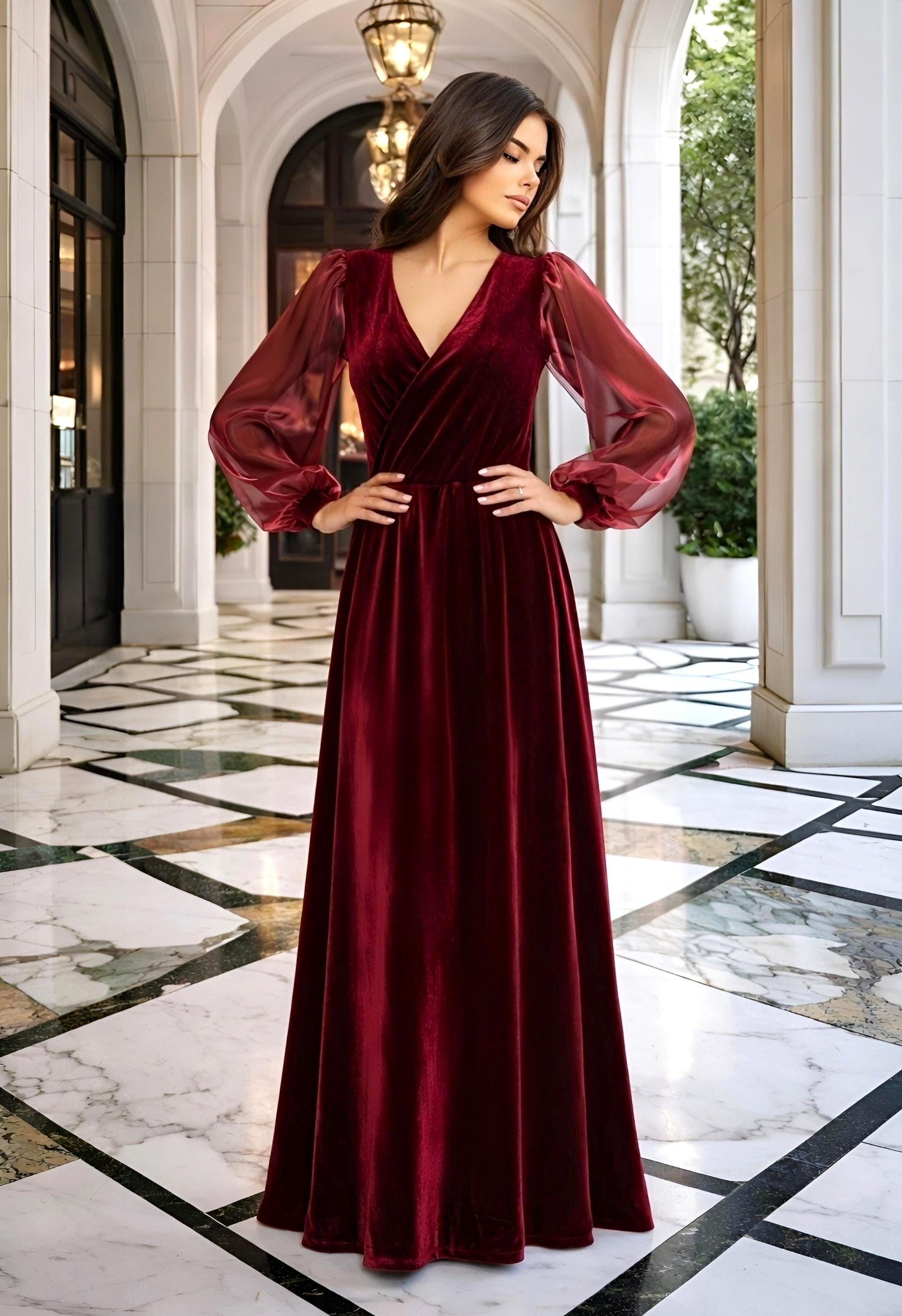 Velvet Wedding Dress, Long Sheer Sleeve Burgundy Dress, V- Neck Formal Velvet Maxi Dress, Elegant Evening Dress