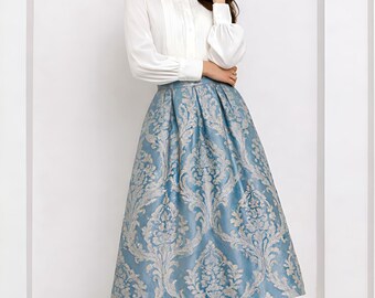 Teal Jacquard Midi Skirt, High Waist Pleated Skirt, Elegant