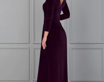 dark purple velvet bridesmaid dress Bridesmaid Velvet Dress Dark Purple High Quality Fabric Dress Off Shoulders Velvet Maxi Gown With Long Sleeves