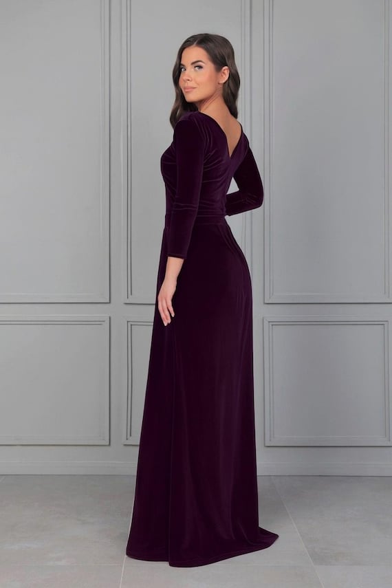 plum velvet bridesmaid dresses Maxi Dress, V- Back Formal Gown, High Slit Dress velvet bridesmaid dresses