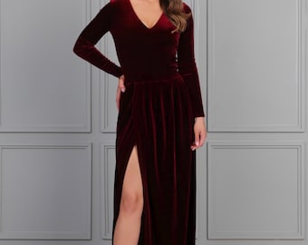 besame burgundy velvet long sleeve maxi dress Berylove Women Burgundy Ruffled Long Velvet Wedding Guest Dress A Line V Neck Long Sleeves Formal Dress, Burgundy / XL
