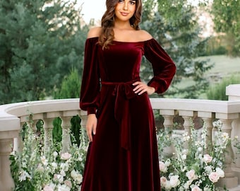 Samt Schulterfreies Maxikleid Burgund, Langarm Samt Brautjungfer Kleid, Formelles Hochzeitsgast Kleid