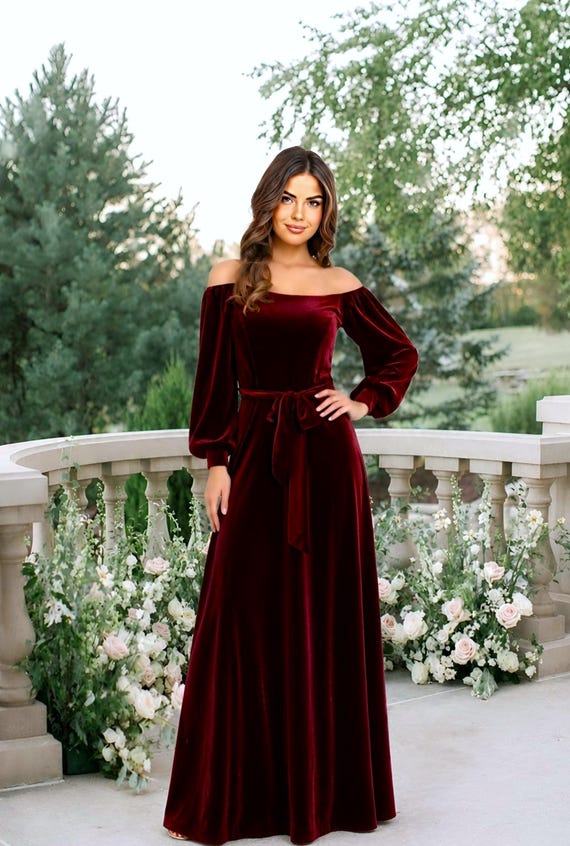 off the shoulder burgundy bridesmaid dress Burgundy Tulle Off-the-Shoulder Floor Length Bridesmaid Dresses, MBD156
