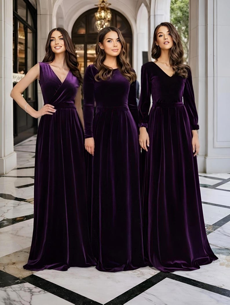Plum velvet maxi dresses for bridesmaids.