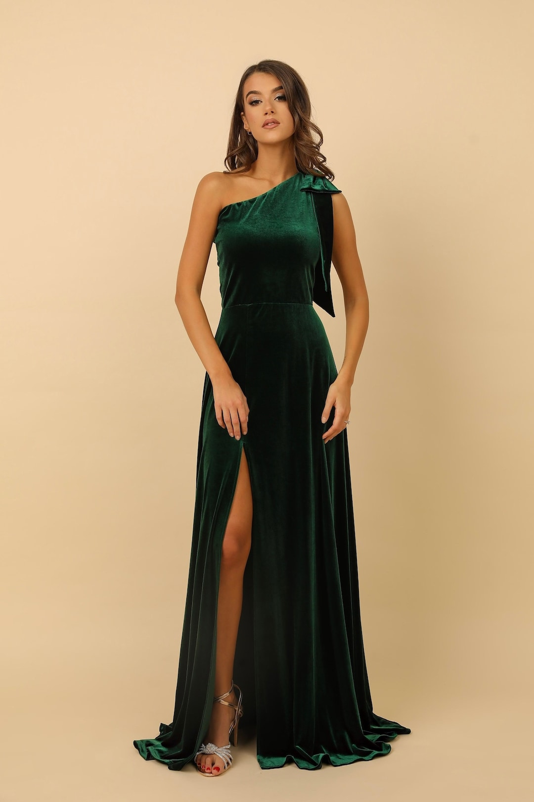 Buy One Shoulder Velvet Gown, Dark Green Slit Formal Dress