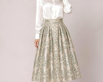 Green Sage Jacquard Midi Skirt Box Pleated Skirt with Pockets, High Waist A Line Skirt, Wedding Guest Skirt