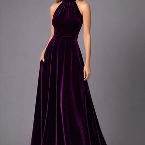 purple velvet halter maxi dress with pockets, sleeveless design with halter neckline a line style, neckholder dress