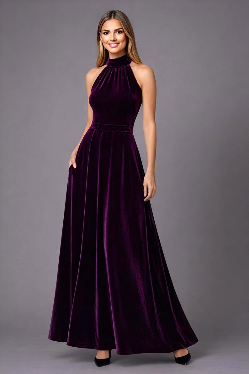 purple velvet halter maxi dress with pockets, sleeveless design with halter neckline a line style, neckholder dress