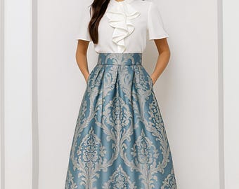 Teal Jacquard Midi Skirt, High Waist Pleated Skirt, Elegant Evening Skirt, Box Pleat Women Skirt with Pockets