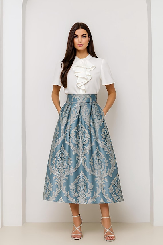 Teal Jacquard Midi Skirt, High Waist Pleated Skirt, Elegant