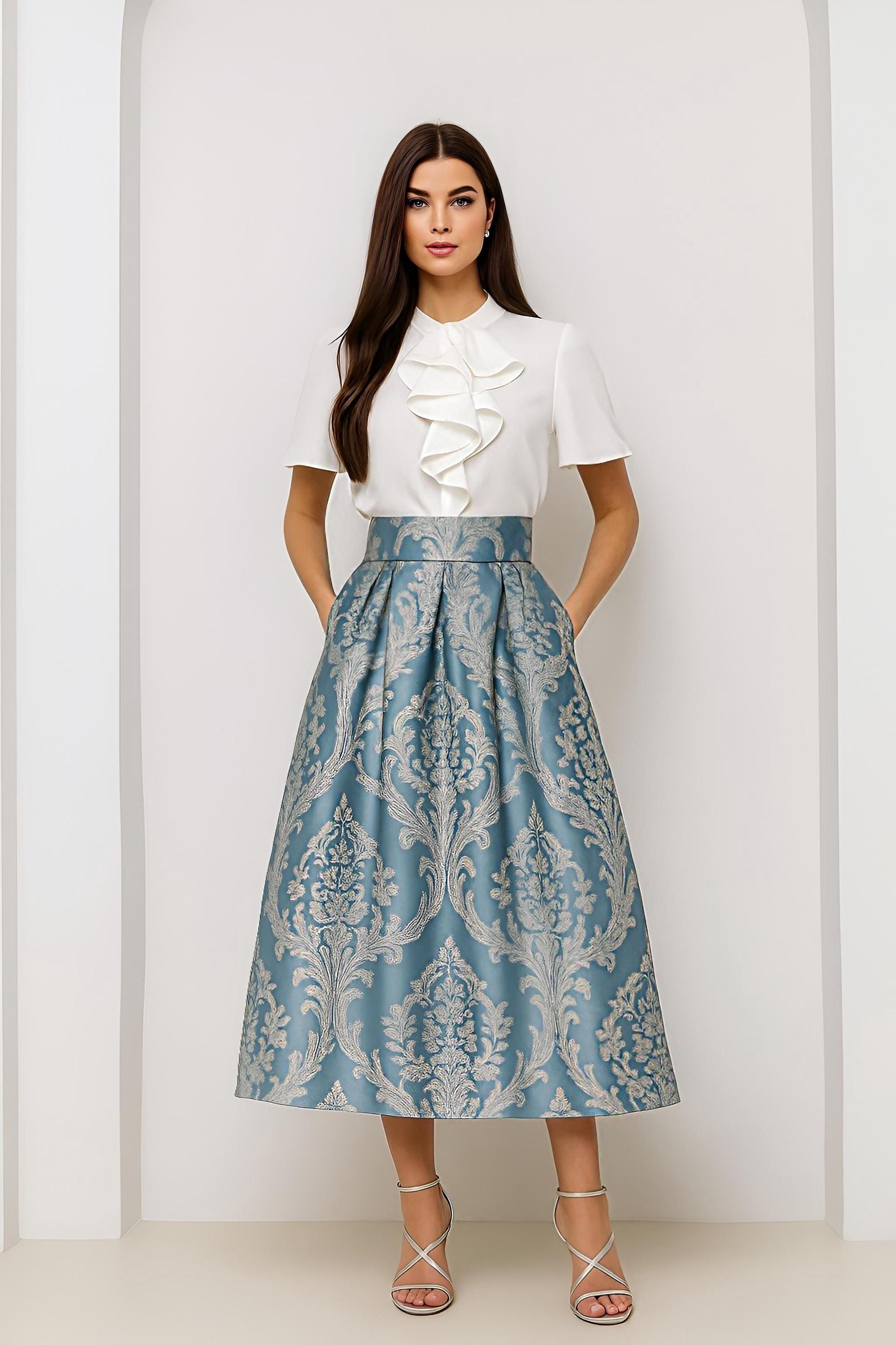 Teal Jacquard Midi Skirt, High Waist Pleated Skirt, Elegant