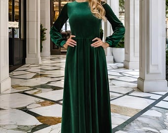 Vestido de terciopelo verde oscuro, elegante vestido de manga larga, vestido maxi de dama de honor
