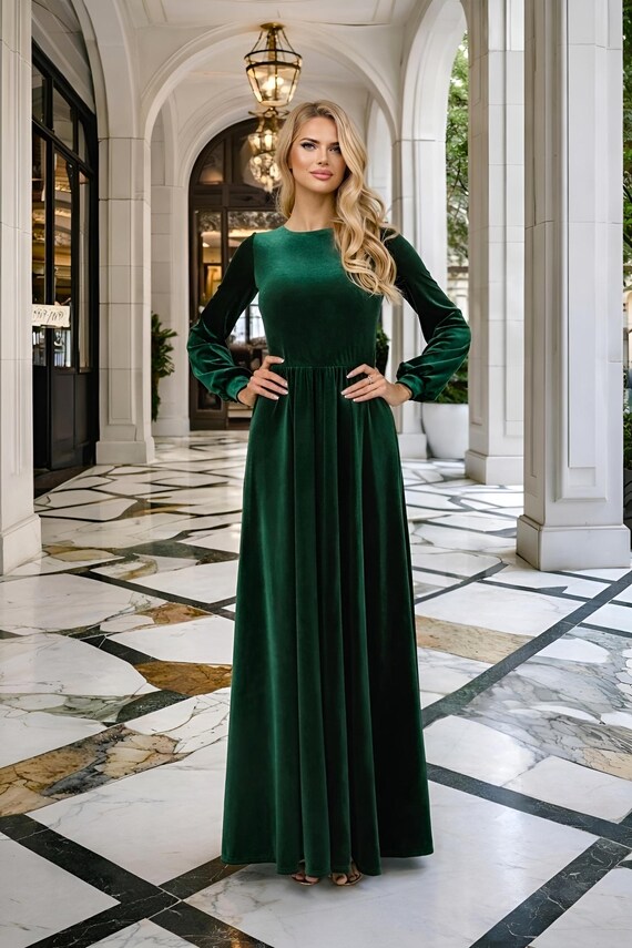 Dark Green Velvet Dress, Long Sleeve Elegant Dress, Bridesmaid Maxi Dress Dark Green Velvet Dress, Long Sleeve Elegant Dress, Bridesmaid Maxi Dress