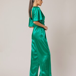 Jumpsuit, green cocktail jumpsuit, satin jumpsuit, bridesmaid jumpsuit, backless jumpsuit, elegant jumpsuit, wide leg jumpsuit, formal jumpsuit, wedding guest jumpsuit, party wear, one piece jumpsuit, date night, jumpsuit women, jumpsuit gala, gown