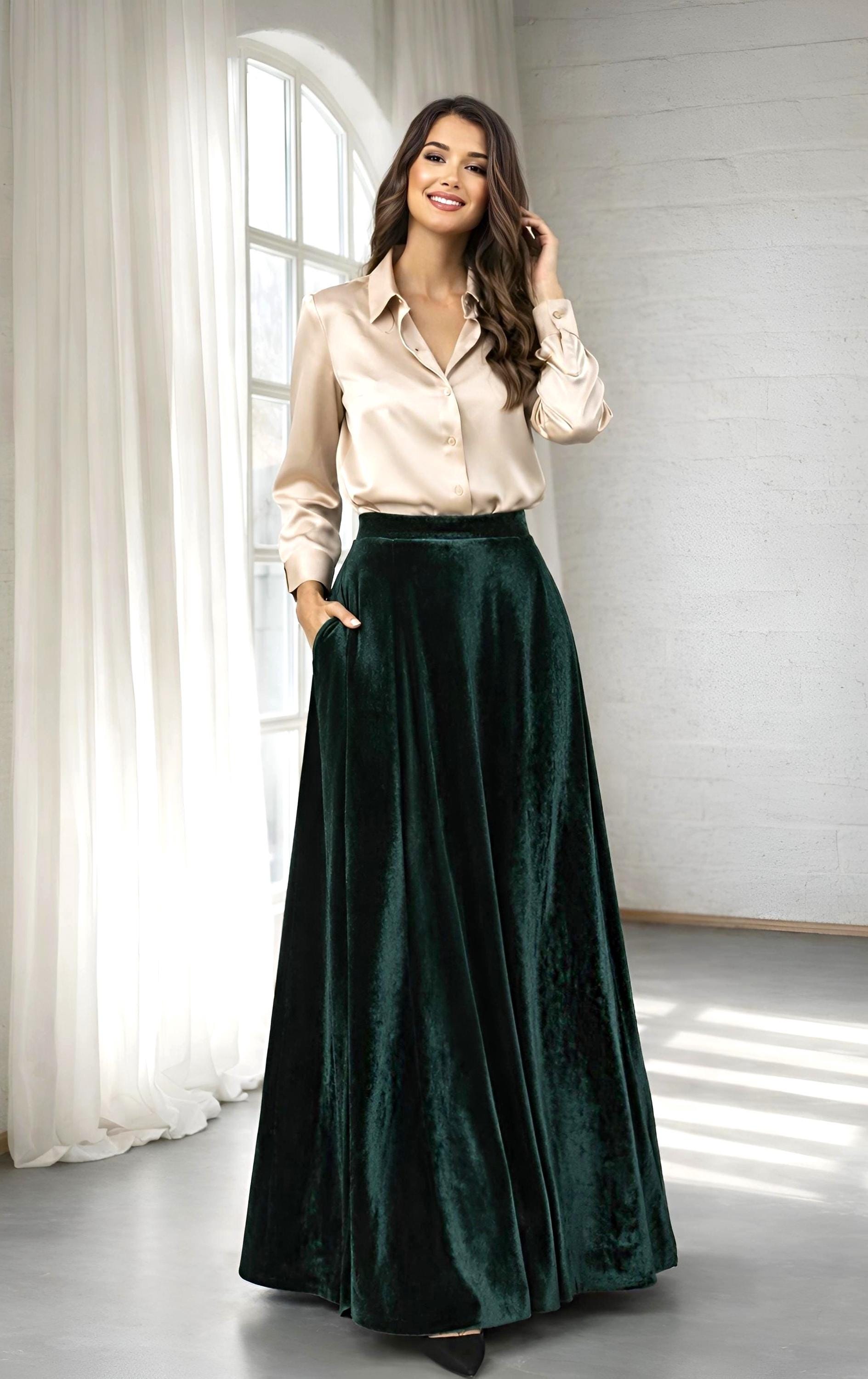Emerald Velvet Long Maxi Skirt with Pockets