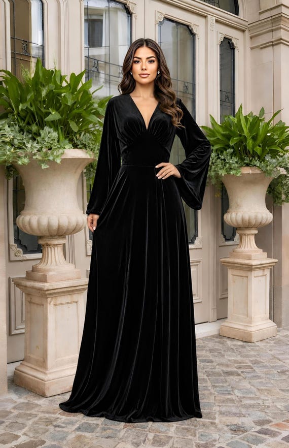 black maxi dress bell sleeves velvet sleeve dress, V neck formal gown, elegant velvet evening Pleated Halter Neck Mini omnitest Select Pants size:31W Draped and gathered spandex