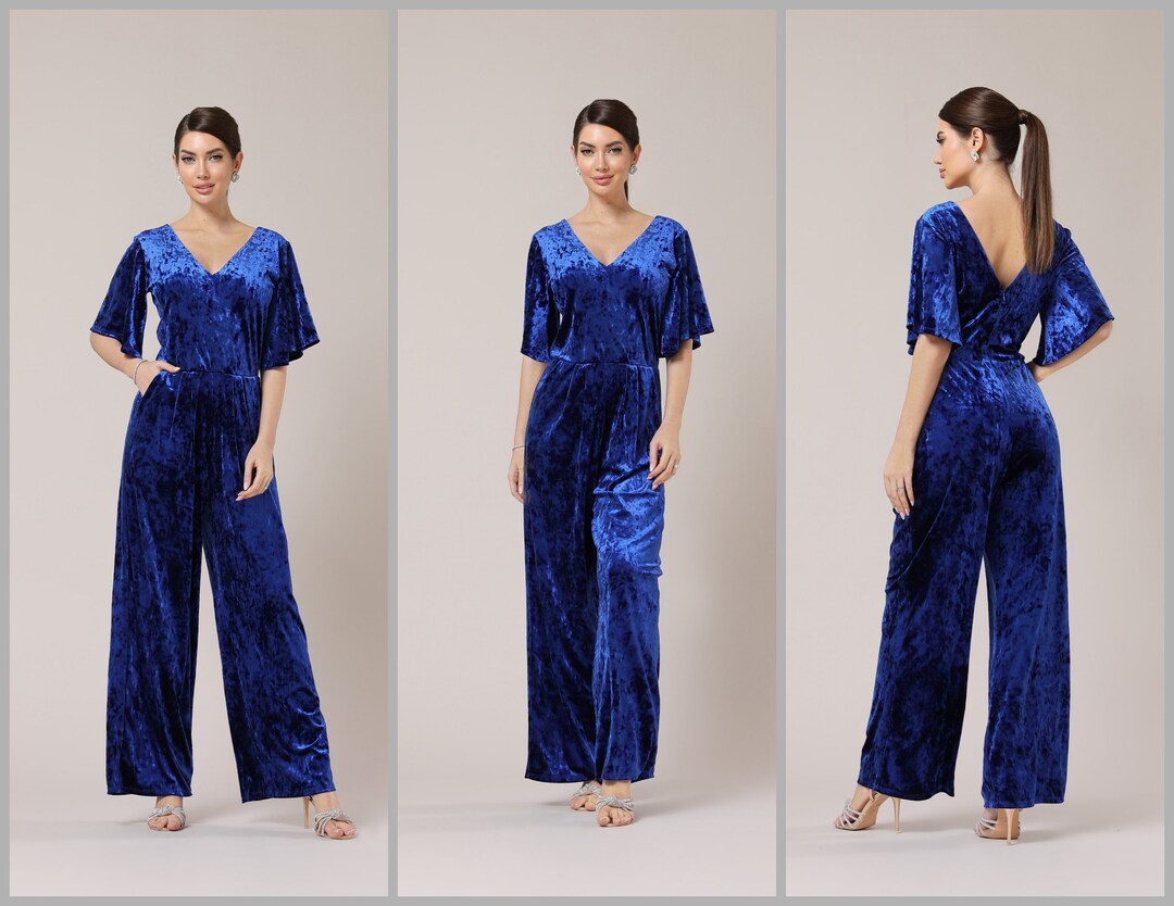 Blue Velvet Jumpsuit /flare Sleeve Crushed Velvet Jumpsuit / Etsy