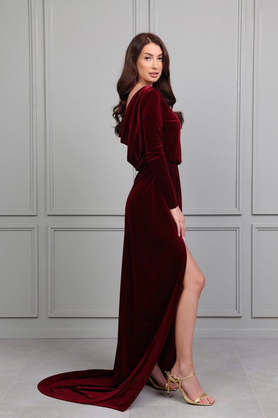 Burgundy Bridesmaid Velvet Dress With 