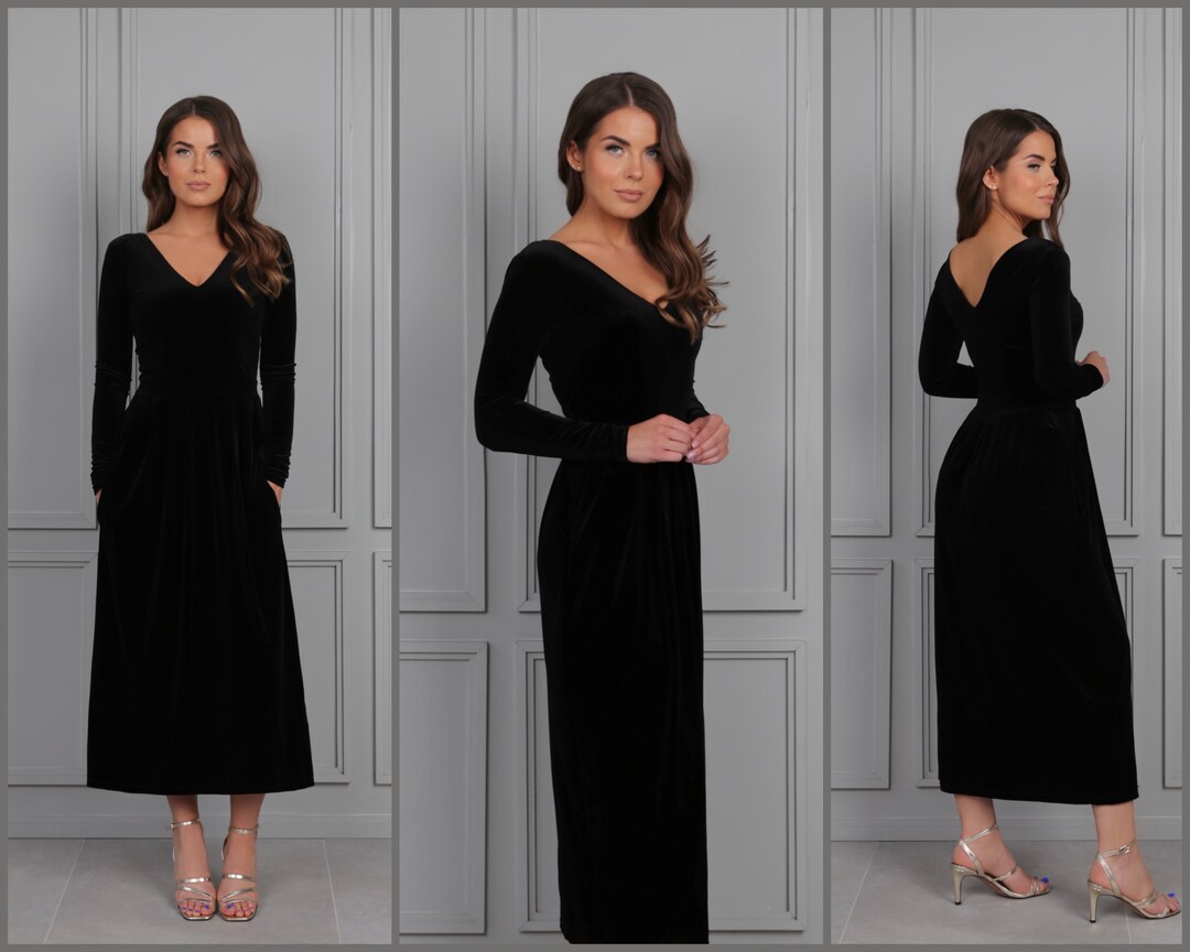Tea Black Velvet Bridesmaid Dress V Neck V Back Long Sleeves Etsy