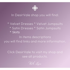 Puede incluir: Un fondo degradado p&uacute;rpura con texto blanco. El texto enumera los art&iacute;culos disponibles en la tienda DesirVale: Vestidos de terciopelo, Monos de terciopelo, Vestidos de sat&eacute;n, Monos de sat&eacute;n y Faldas. El texto tambi&eacute;n menciona enlaces y m&aacute;s informaci&oacute;n.