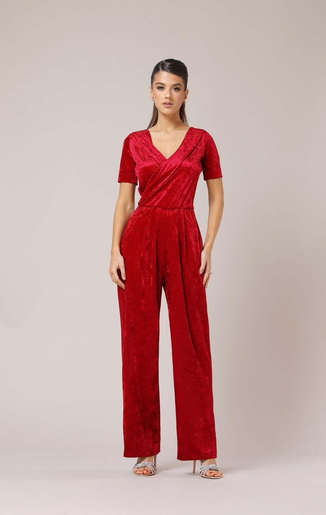 Red Velvet Jumpsuit, Wide Leg Short Sleeve Bridesmaid Overalls