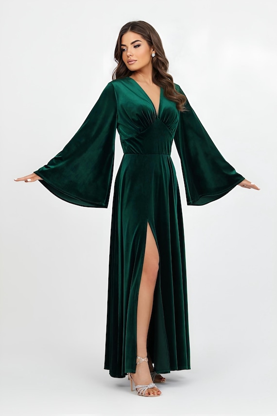 bell sleeve formal dresses Velvet wedding guest dress, emerald gown, V-neck evening dress, elegant Velvet maxi dress Prom