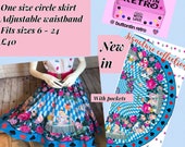 One size circle skirt Alice in wonderland blue and white fabric exclusive designed by us, handmade, vintage inspired retro with pockets