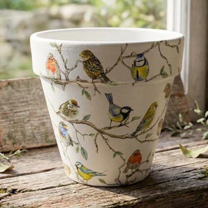 Może przedstawiać: Kremowy ceramiczny doniczka ozdobiona kolorowymi ilustracjami różnych ptaków siedzących na gałęziach z zielonymi liśćmi. Doniczka stoi na drewnianej powierzchni.