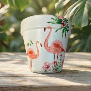 Personalised Decoupage Flamingo Plant Pot - Customisable Indoor Outdoor flower Planter - Hand Decorated Mother's Day, Birthday, Housewarm